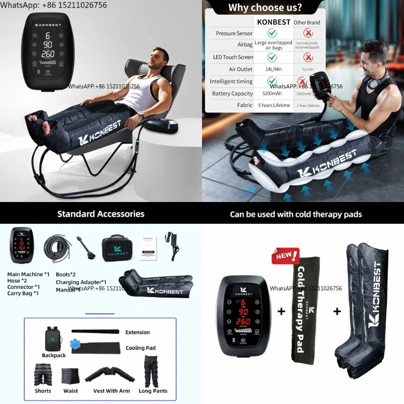 Wireless 6-Chamber Air Compression Boots for Athletes-Rechargeable Leg Recovery System with 30-260mmHg Pressure
