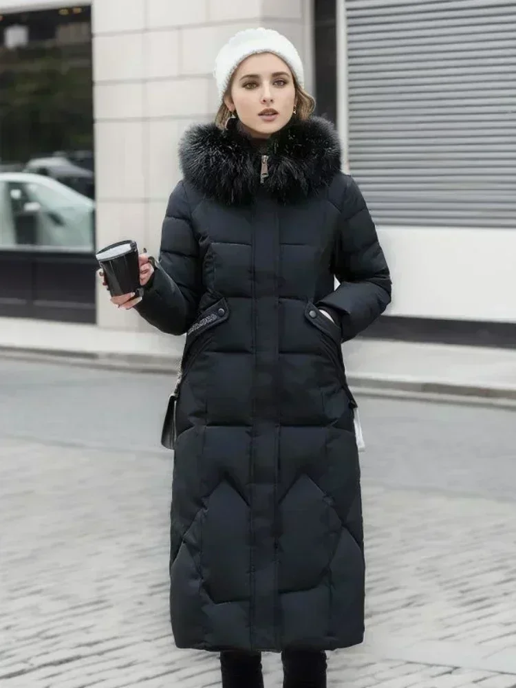 Parka de algodão grosso com gola de pele feminina, casaco de inverno de comprimento médio, casaco fino acima do joelho, roupas elegantes, vermelho,