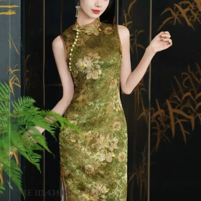 

Traditional Chinese Chothing Qipao New Chinese Style Women's Dress Sexy Sleeveless Slim Halter Cheongsam Print Flower Vestidos
