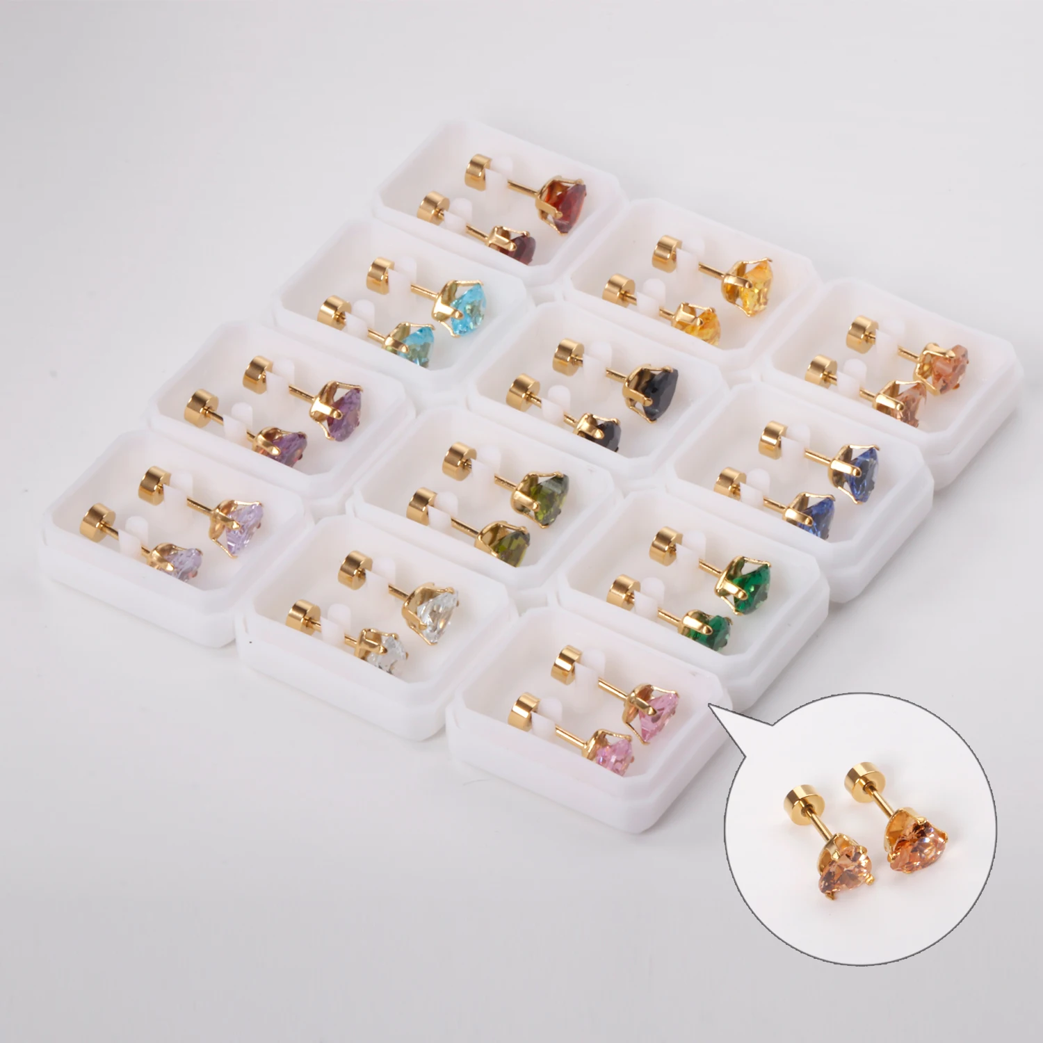 12 Pairs Heart CZ Screw Stud Earrings Wholesale, 6MM Multi-Color Stainless Steel Cartilage Piercing Earrings Bulk Jewelry