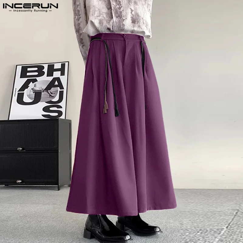 INCERUN 2024 Korean Style Trousers New Men's Wide Leg Loose Long Pants Casual Streetwear Male Drawstring Design Pantalons S-5XL
