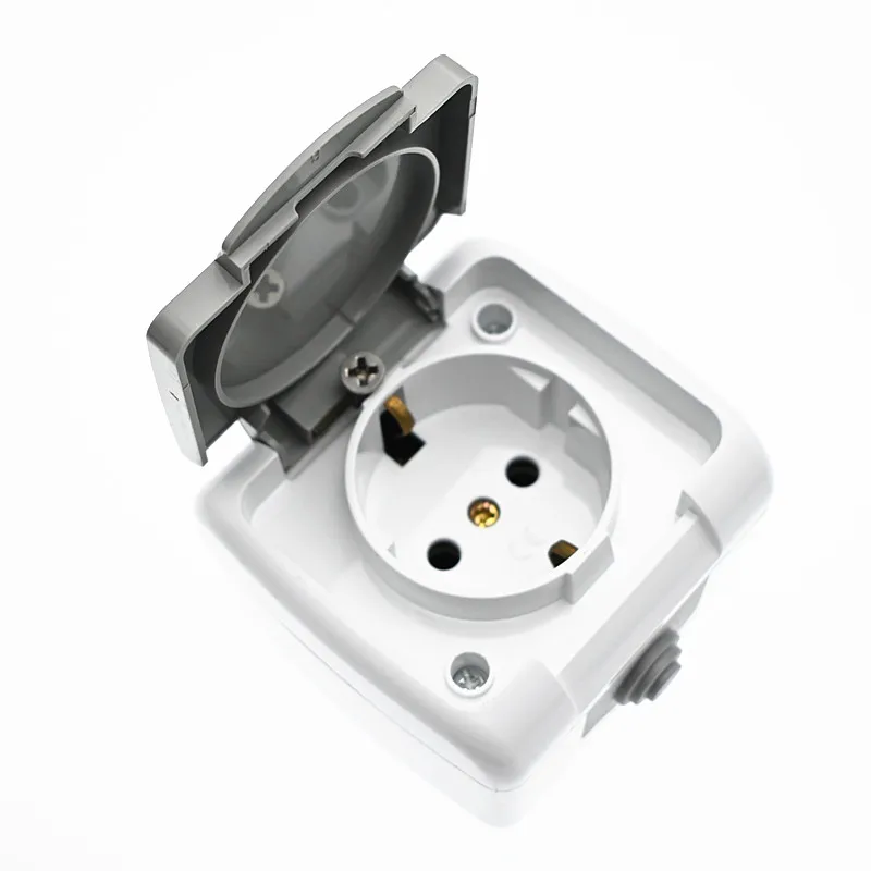 Unità singola con coperchio Presa per unità standard europea standard tedesca Presa per cablaggio impermeabile per alimentatore IP54 montata in superficie
