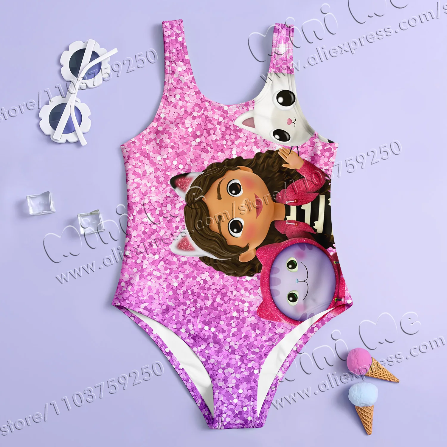 MINISO Girl Summer One-Piece Swimsuit Fashion Cartoon Gabby Dollhouse sequin Series Print Women Swimwear Sleeveless Clothing