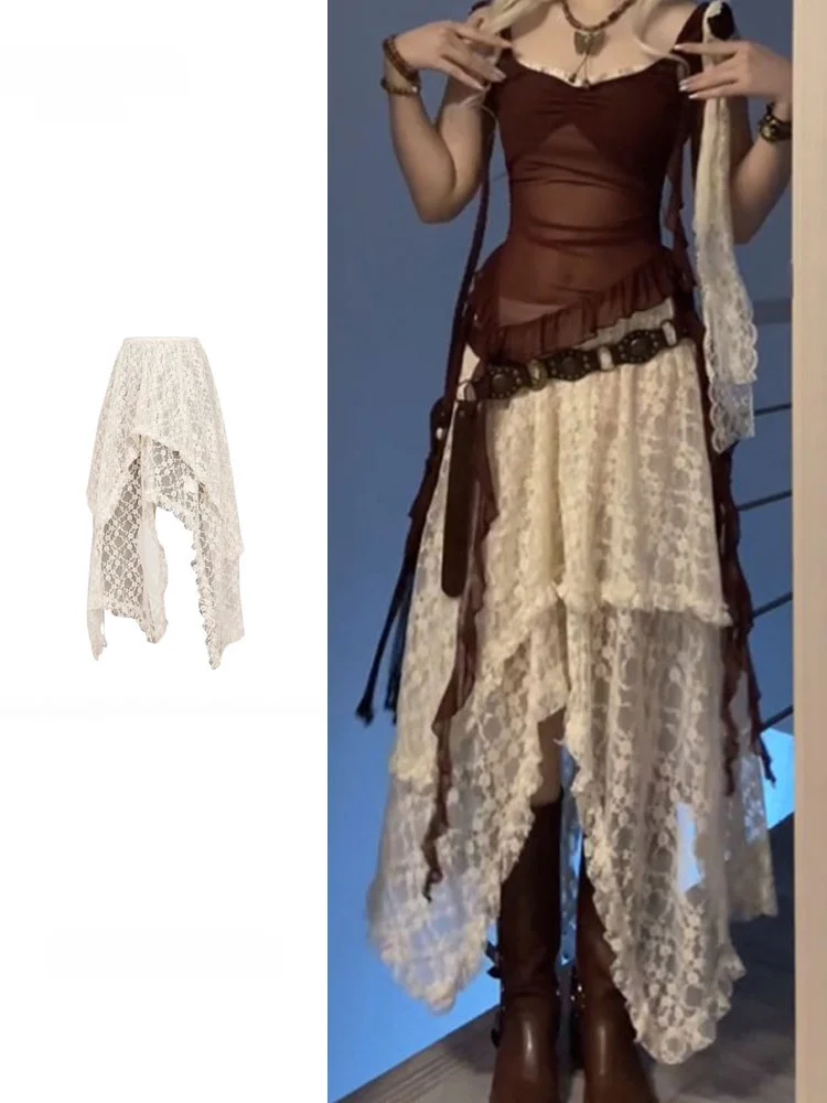 Large Size Irregular Lace Half Skirt Women's Spring Summer New Design Sensation Layered Apron Versatile Drapey Lace Skirt