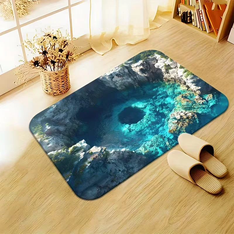 3D Visual Illusion Doormat Realistic Scenic Blue Lagoon Cave Pattern Anti Slip Entrance Mat for Home Bathroom Decor
