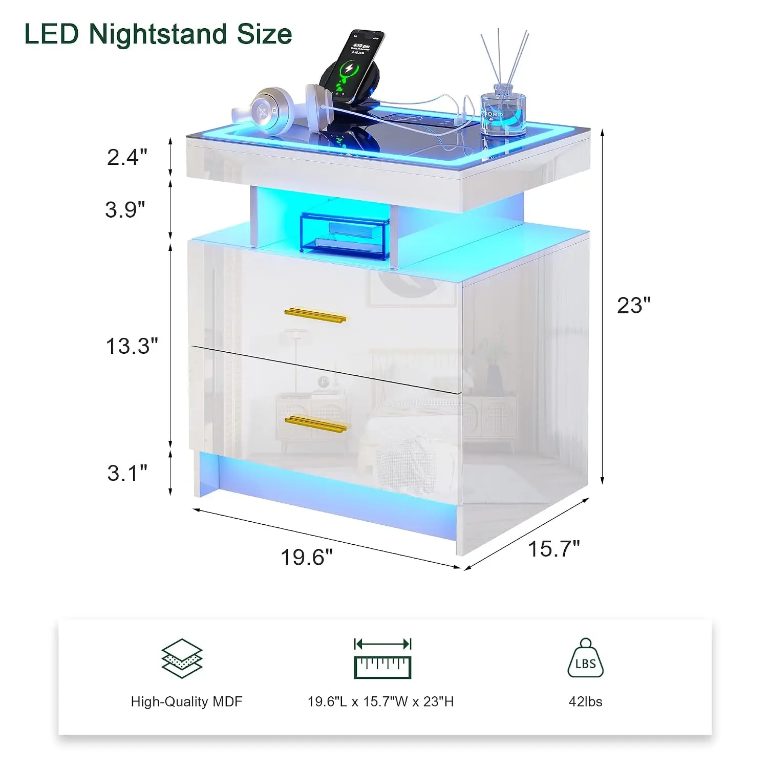 LED Nightstand USB & Type-C Charging, High Gloss Bedside Table 2 Drawers Auto Sensor Lights, Modern Bedroom Furniture White, Cus