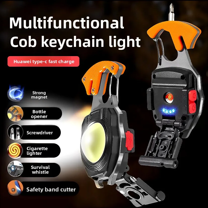 5 في 1 مصباح سلسلة مفاتيح COB LED صغير متعدد الوظائف: USB، مغناطيس، فتاحة، مفك براغي