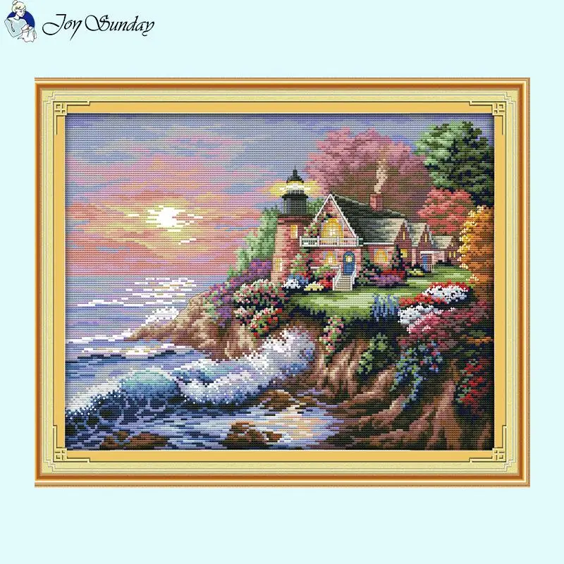 Seaside Lighthouse Cross Stitch Set Aida 14CT Counted 16CT 11CT Stamped Fabric Needlework Embroidery Kits DIY Living Room Decor