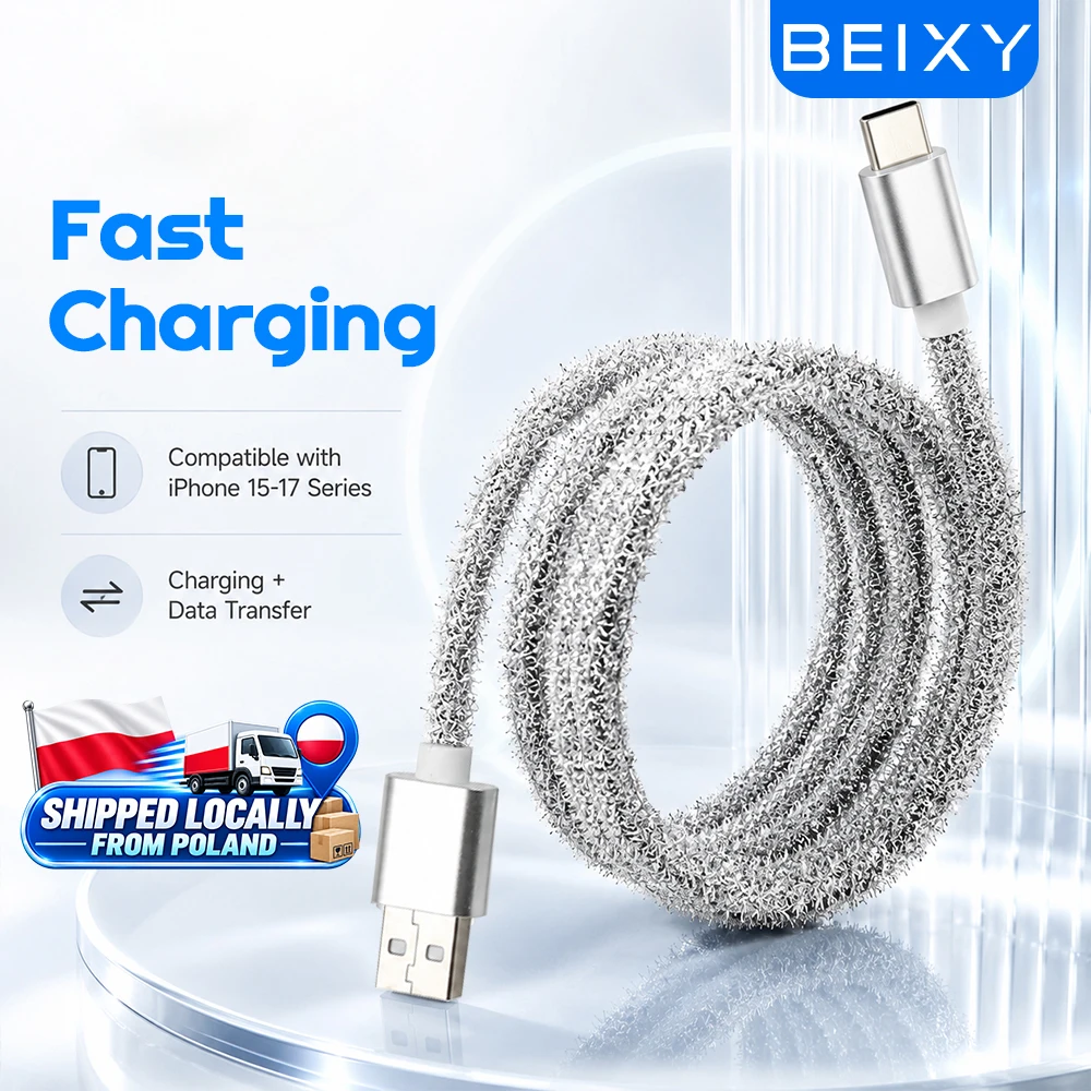 Beixy USB Typ C Schnelllade-Verlängerungskabel 3m für Xiaomi, Samsung, Huawei Tablets Silbernes USB-C-Datenkabel für Mädchen