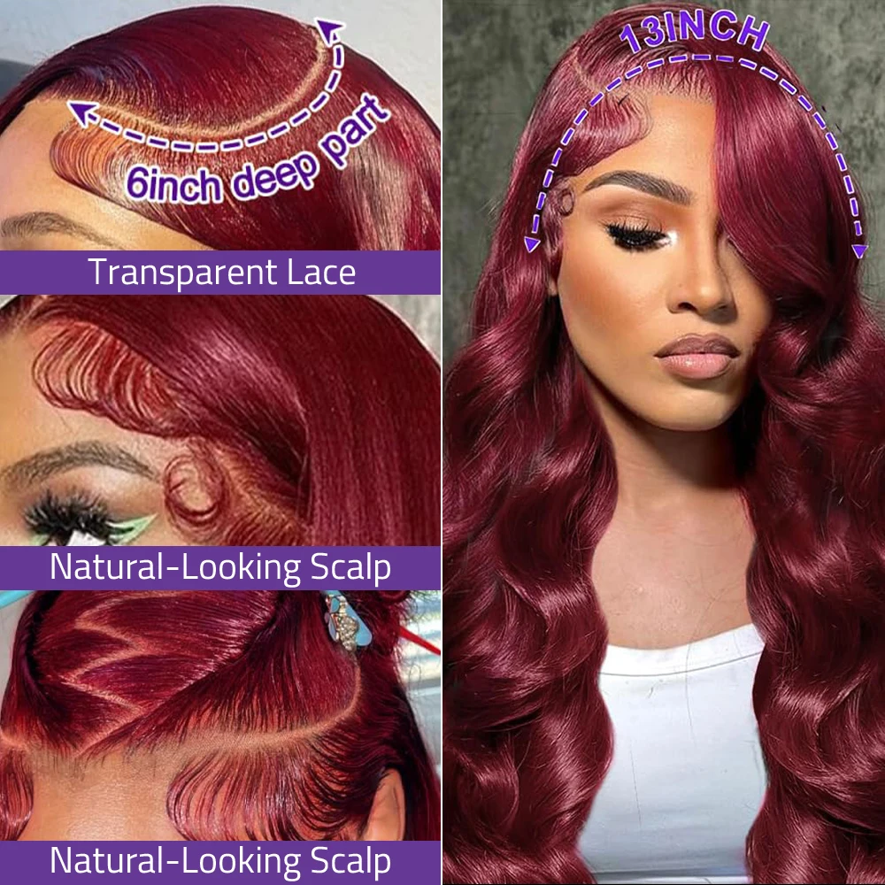 99J بورجوندي 13x4 الدانتيل شعر مستعار أمامي شعر الإنسان 13x6 الجسم موجة HD الدانتيل الباروكات الأمامية 100% الشعر البشري للنساء السود 200% الكثافة