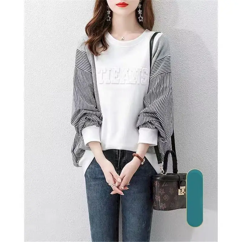 

Fashion Pullovers Women Spring Autumn New Korean Style Loose Shirt Stitching Pullover Casual All-match Long Sleeve Womens Tops