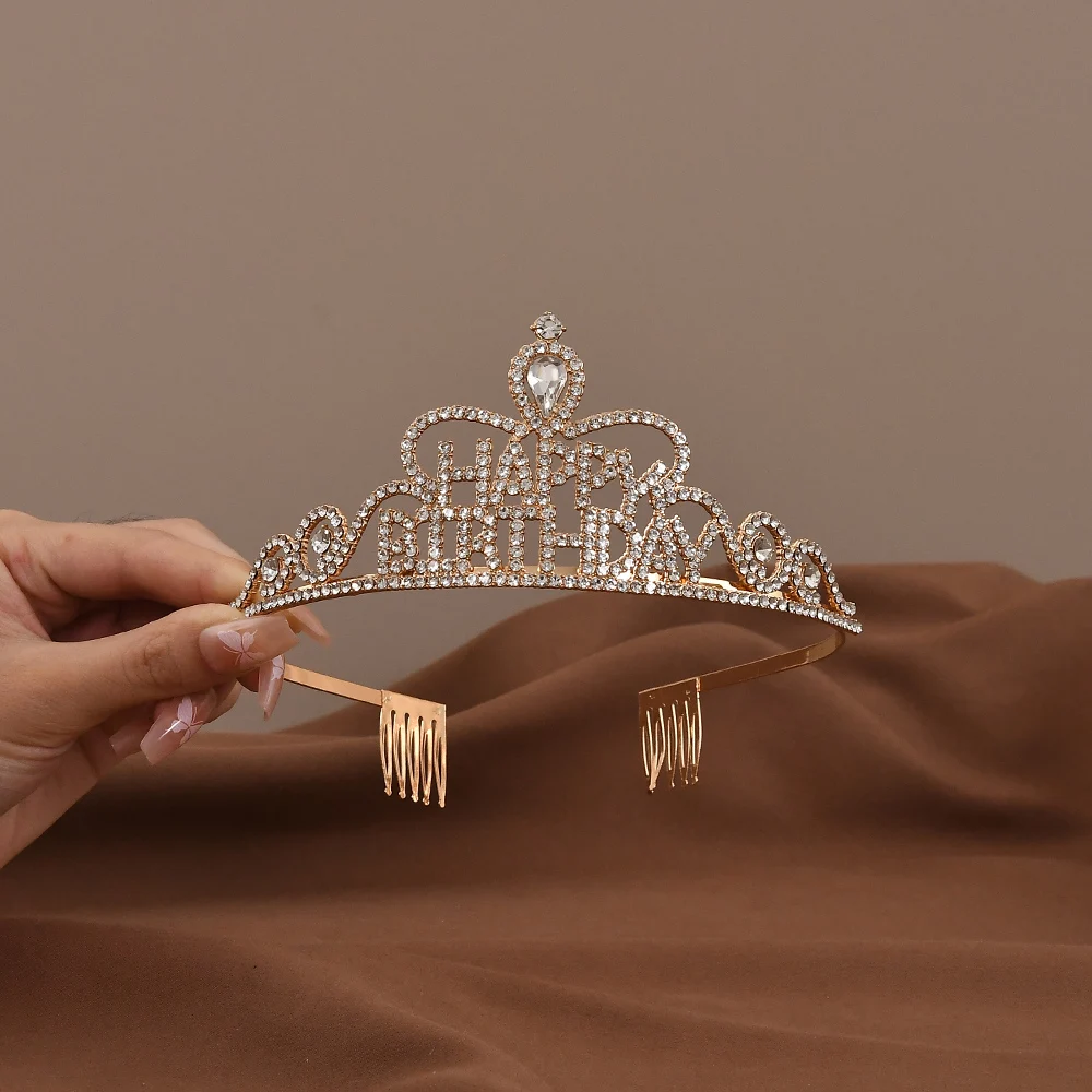 Simple Crystal Crowns Girls Happy Birthday Rhinestone Tiara Anniversary Hair Jewelry Accessories Decoration Supplies