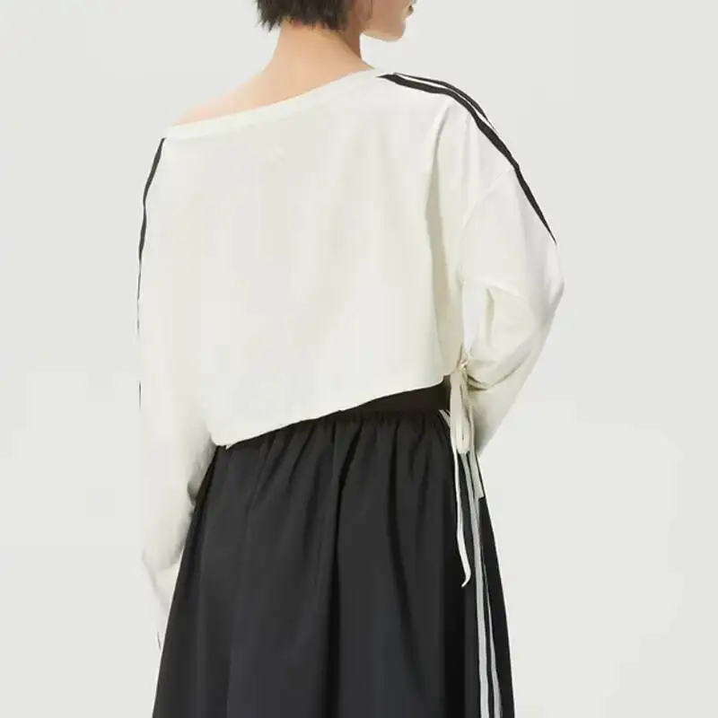 Adidas Women White Off-Shoulder Long Sleeve Crop Top Black Striped Casual Sportswear Slim Fit Blouse Streetwear Fashion Shirt