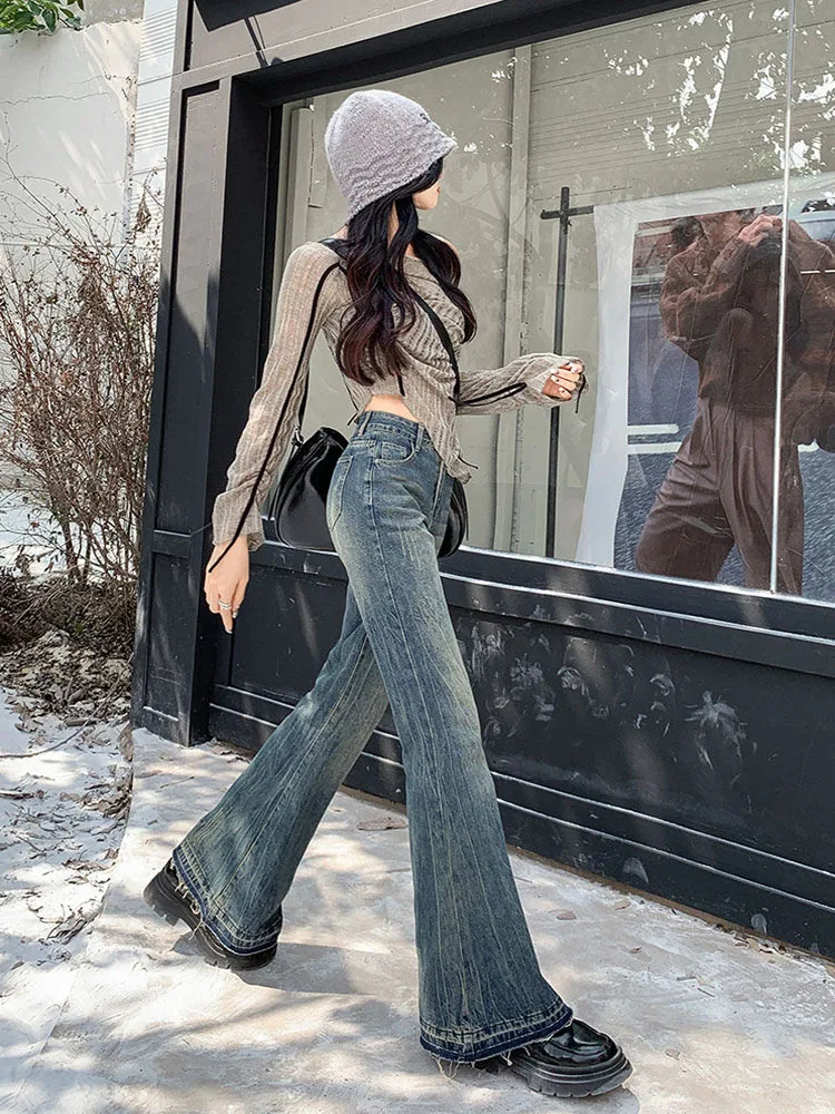 Velours épaissi mode Streetwear jean mince frangé taille haute Bootcut Denim pantalon ample rétro jambe large lavé Vaqueros