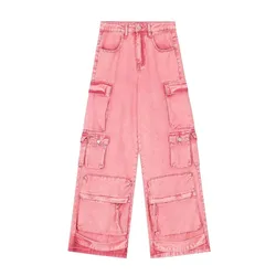 Pink Multi Pocket Overalls Jeans Female Y2K Punk Hip Hop Gothic Loose Fashion Jeans 2023 Autumn New American Retro High Street