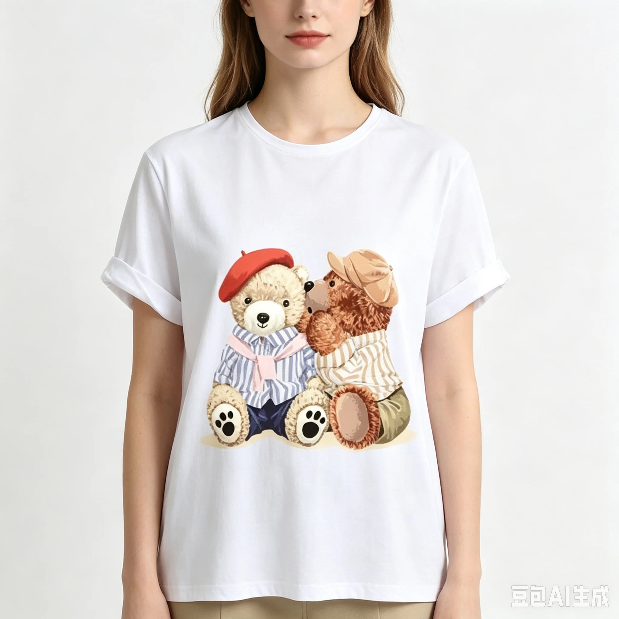 Women Cute Couple Teddy Bears Graphic T-shirt Kawaii Cartoon Bear Casual Short Sleeve Tee