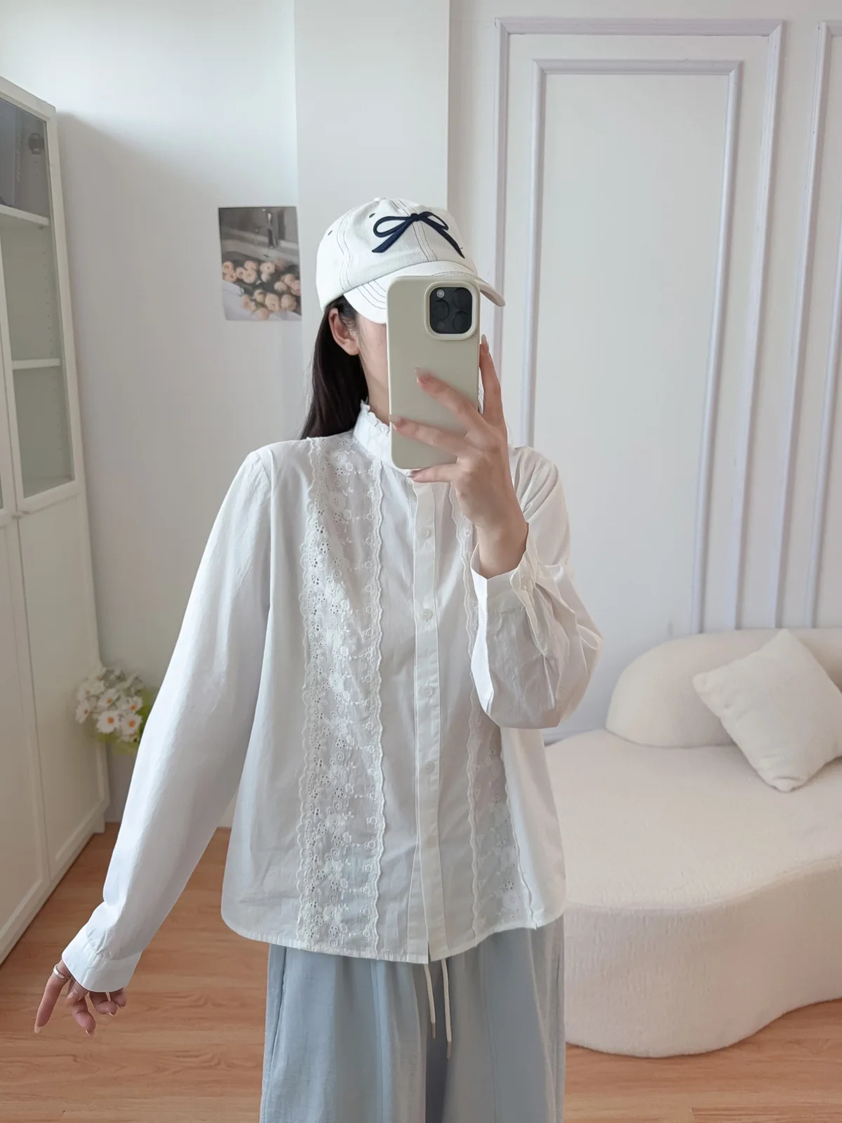 جديد 2025 الخريف قميص قطني بكم طويل ، المرأة الوقوف التطريز ، موري فتاة الفرنسية تنوعا تخفيف شيك بلوزة فضفاضة T59684CC