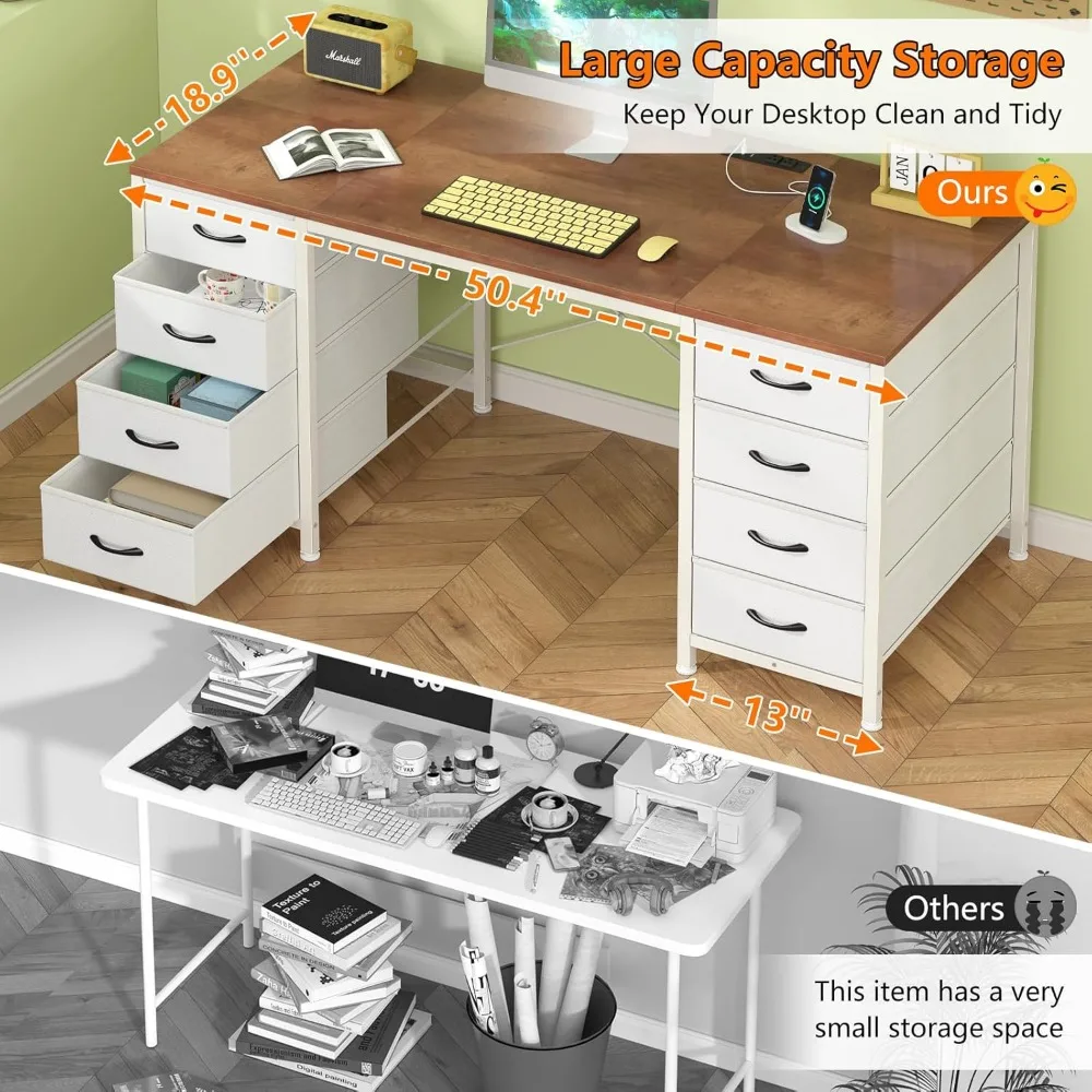 50 Inch Computer Desk with 8 Drawers, Home Office Desk with Power Outlets, Work Study Gaming Desk with 8 Fabric Drawers, Brown a