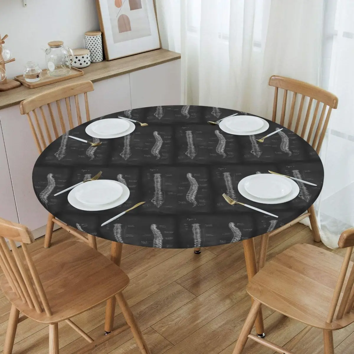 Spine Anatomy On Chalkboard Black And Whi Waterproof Round Tablecloth Oilproof Table Cloth for Kitchen Events Dining Table Cover