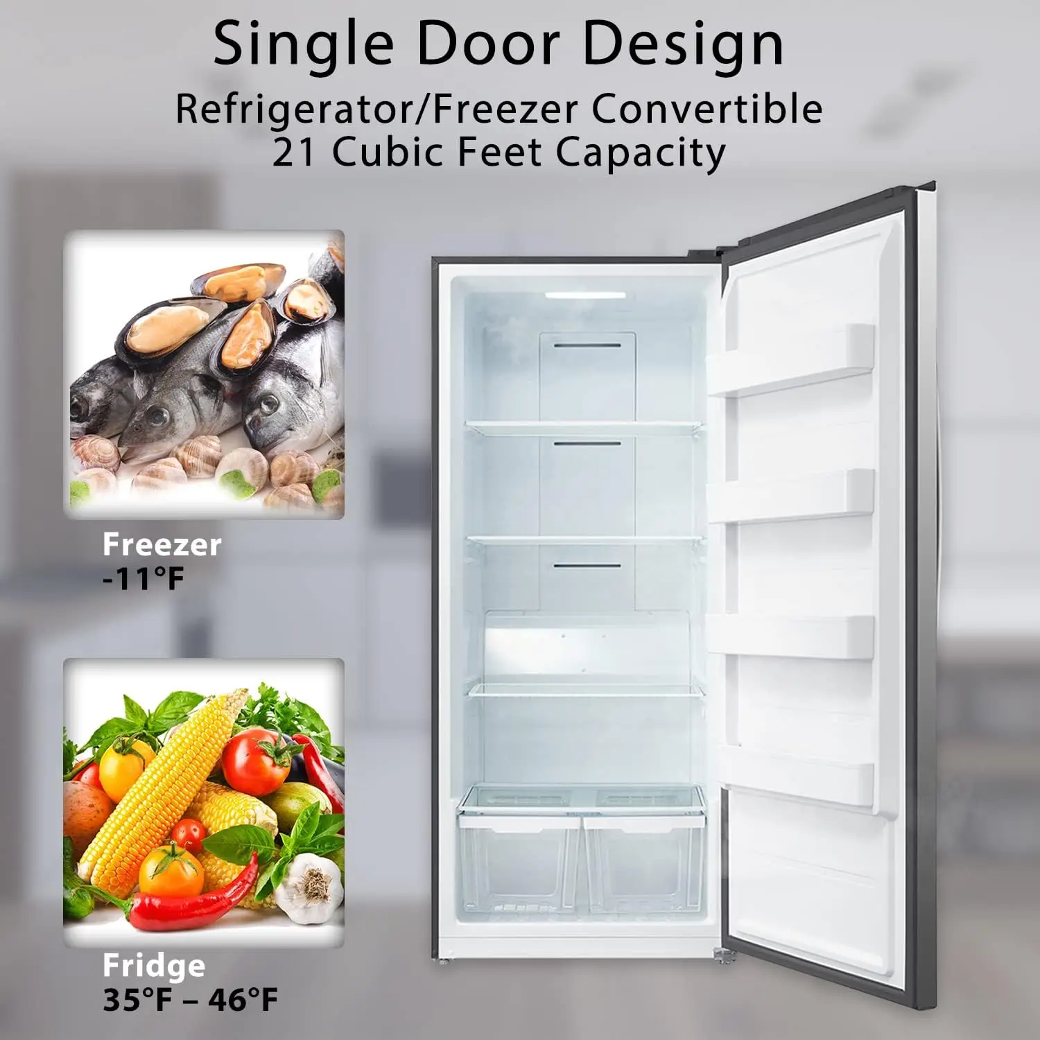 Smad 21 Cu.Ft. Upright Convertible Refrigerator Freezer with LED Control Panel Door Ajar Alarm Stand Up Frost Free Stainless