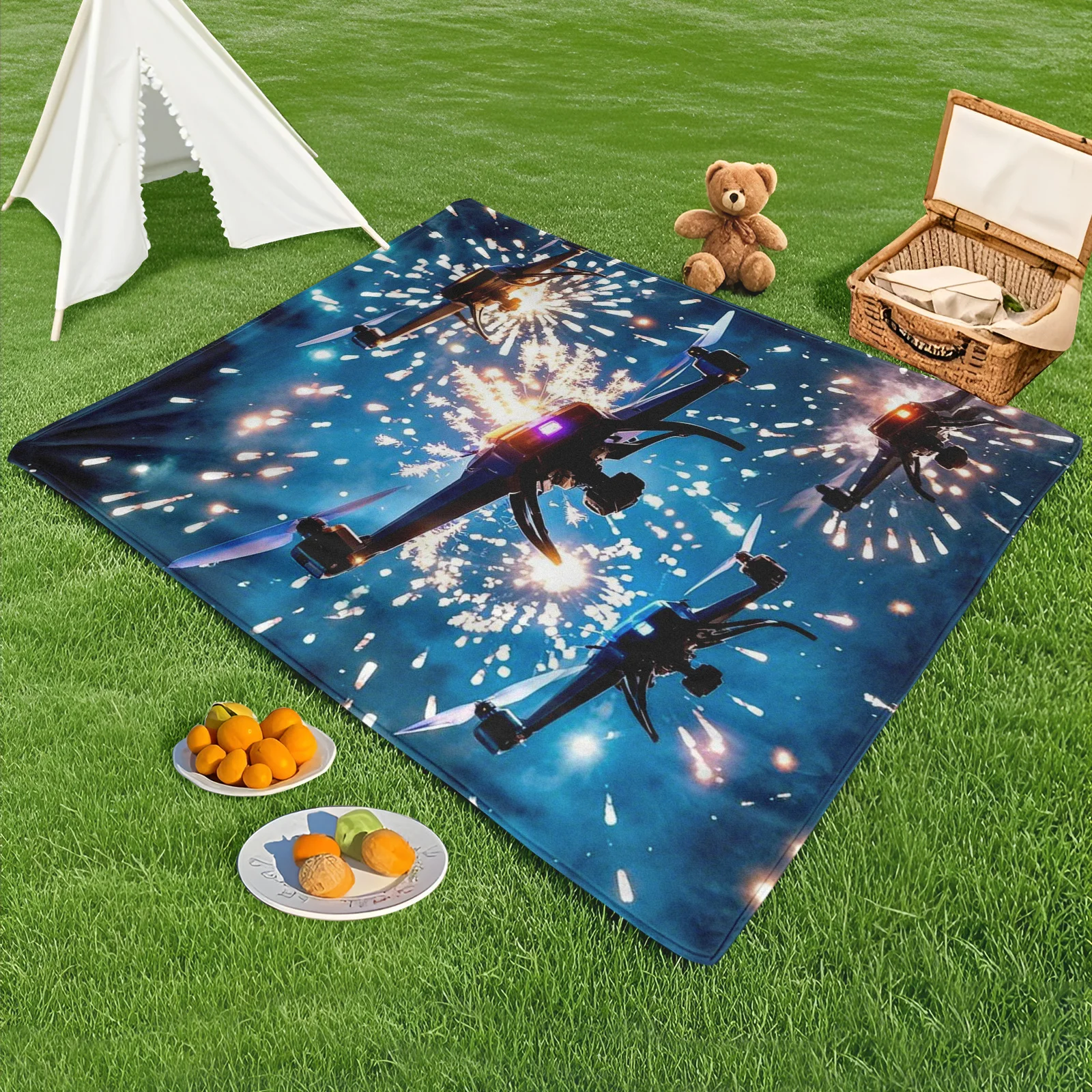 Cobertor ao ar livre com tecnologia de fogos de artifício drone com estilo de arte cibernética para reuniões futuristas e experiências inovadoras ao ar livre