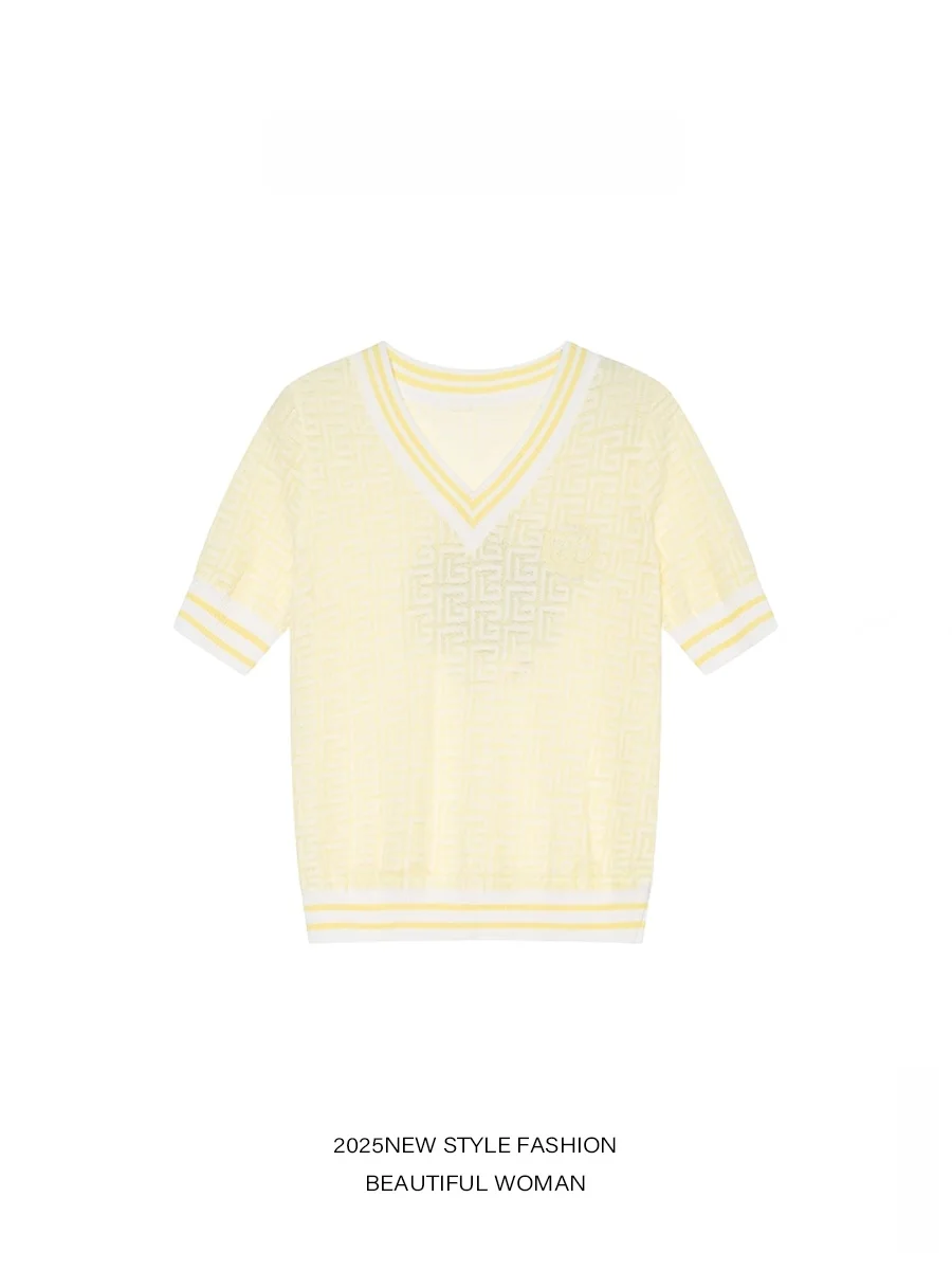 

Loose Knitting Top Summer Faion High Waist Straight Cut ort Sve round Ne Pure Color Puff Head Brand Commute Sle