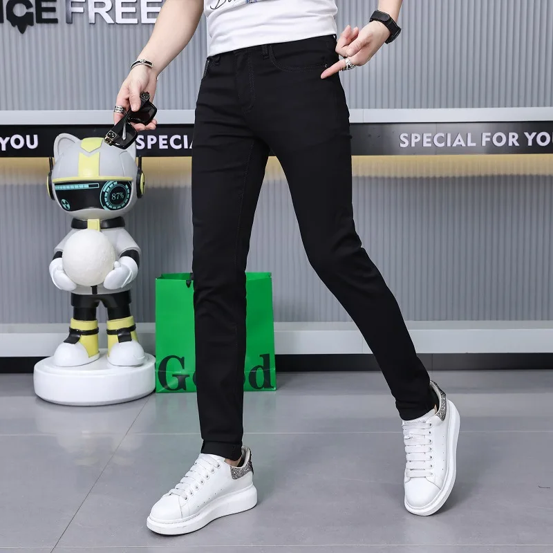Pure Black Jeans Men's High-End Stylish and Personalized Fashion2024New Slim Fit Skinny Men's Clothing Summer Thin Trousers