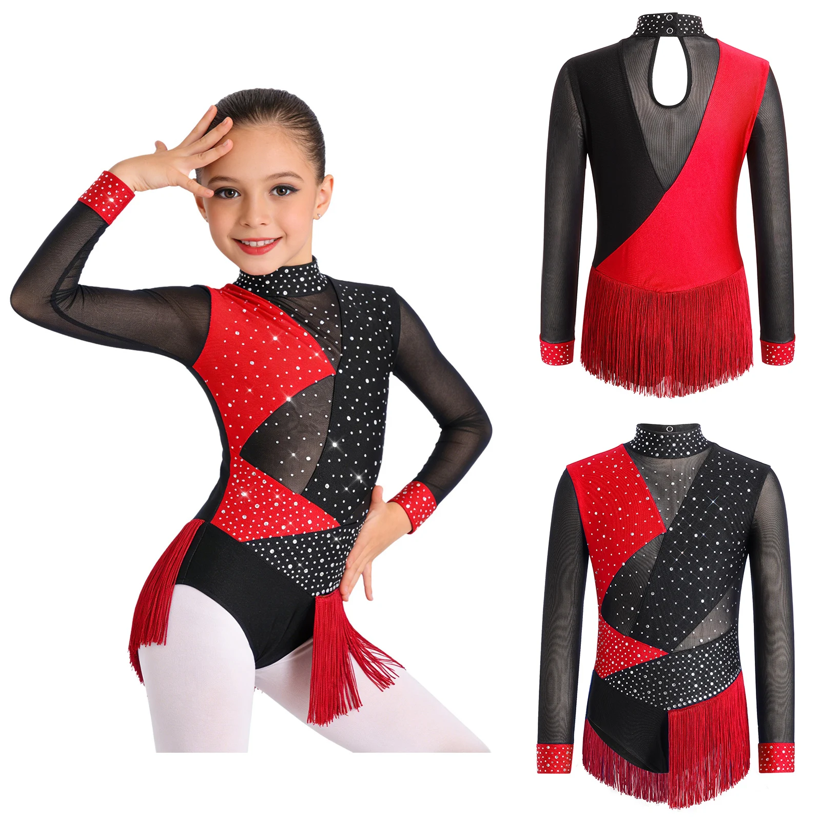 Kids Girls Rhinestone Mesh Tassel Latin Dance Figure Skating Leotard Dress Cha-cha Samba Salsa Ballroom Performance Clothes