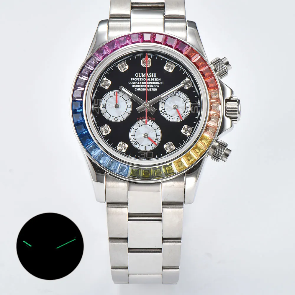 Orologio da uomo personalizzato da 39 mm con movimento VK63 vetro zaffiro quadrante con pietre preziose orologio da uomo d'affari impermeabile 10Bar