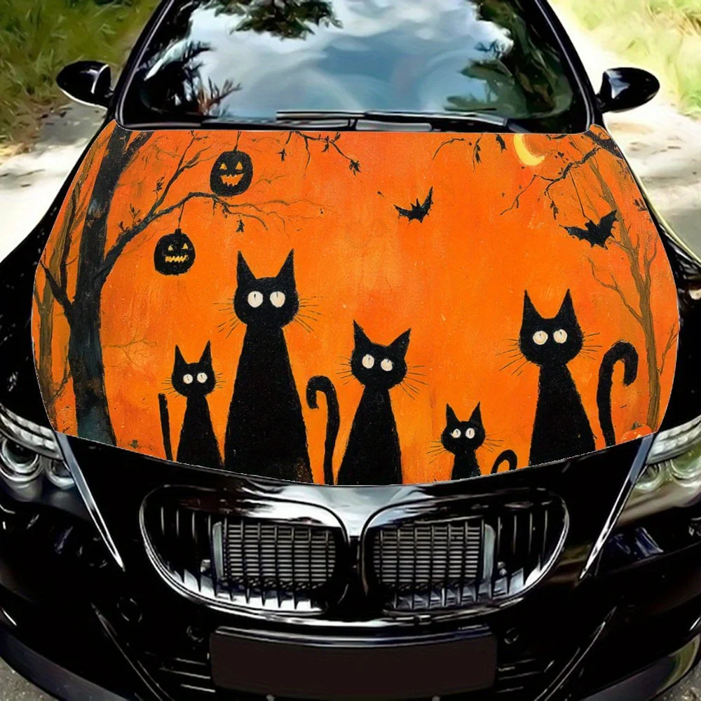 

Mystical Halloween Decor Black Cats Dead Trees Pumpkins Car Hood Sticker PVC Self Waterproof stick, Striking Auto Exterior Acces