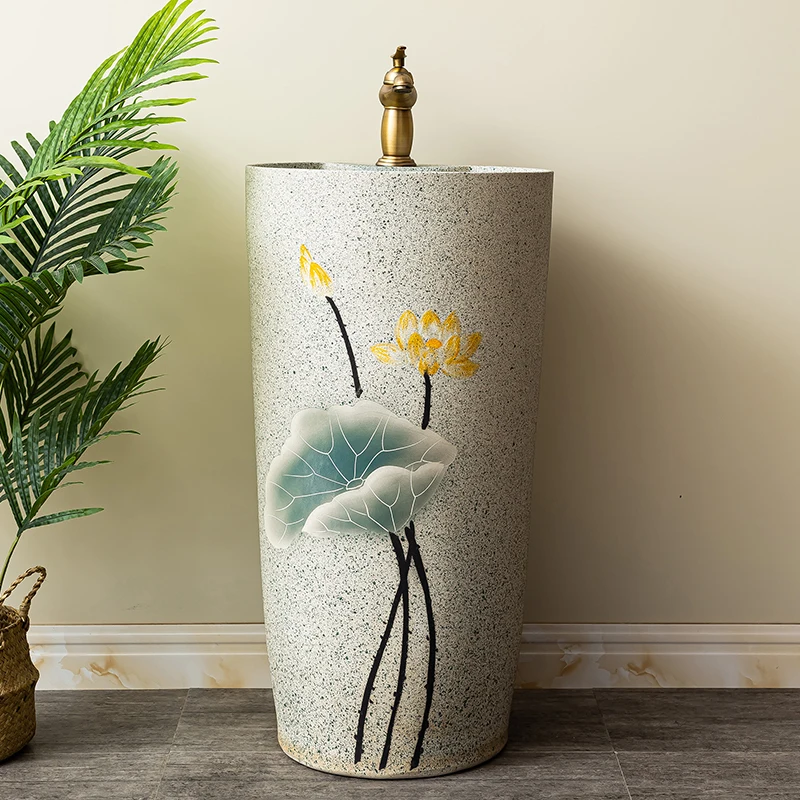 

Ceramic column basin Household wine hotel bathroom column type washbasin Outdoor floor type integrated washbasin