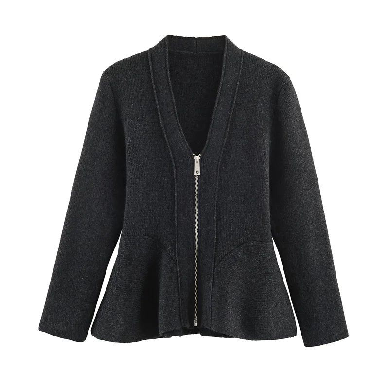 Guobioziy 2026 Autumn Old Money Style Women V Neck Full Zip Peplum Hem Jacket Long Sleeve Fitted Office Daily Weekend Look