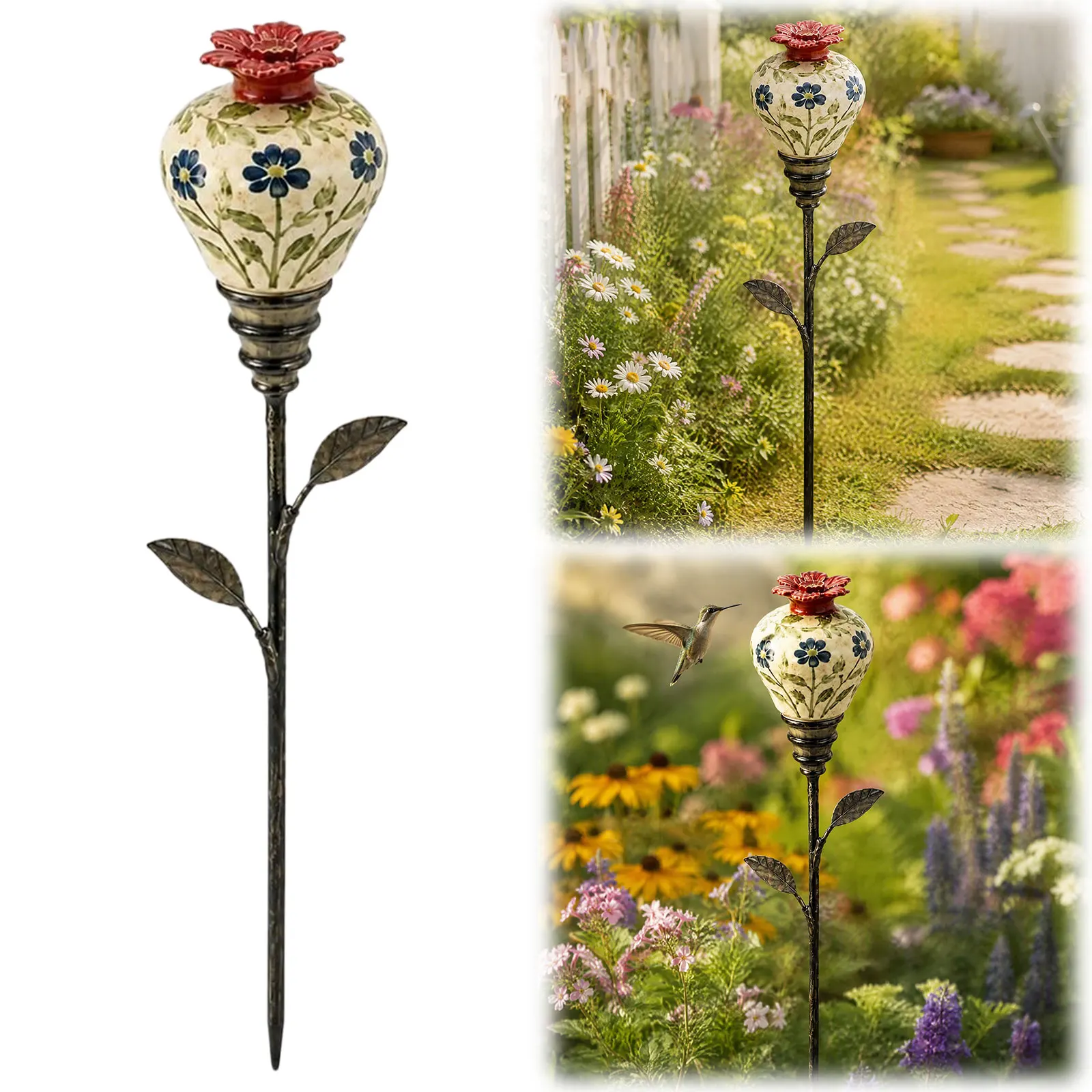 Hummingbird Feeder Vintage Metal Flower Design Garden Stake Bee Watering Station Rustic Farmhouse Outdoor Decor