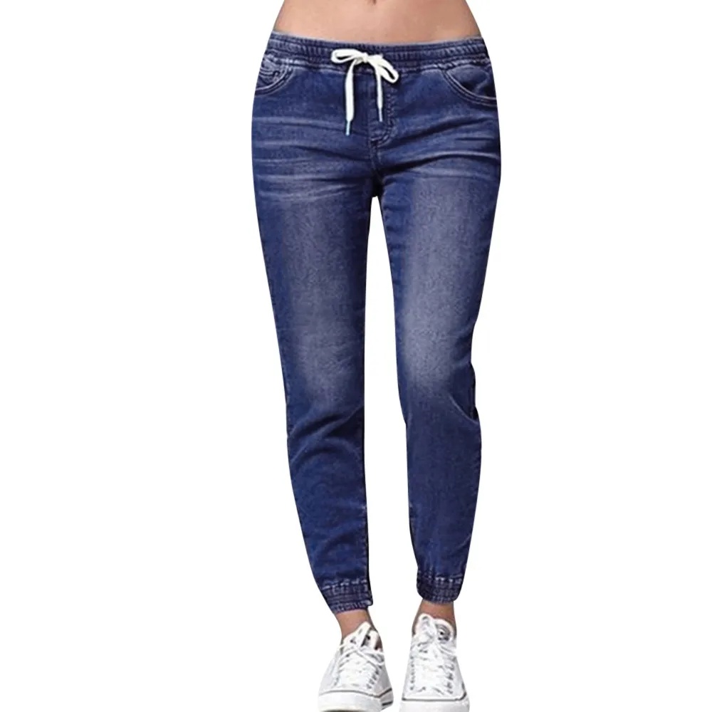 Calça jogger casual feminina, jeans skinny sexy elásticos, leggings lápis, cintura alta, calça jeans com cordão, 2024