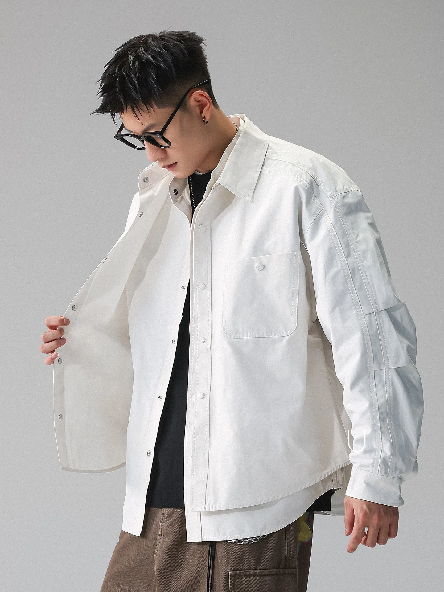 American Style Casual Loose Long Sleeve Shirt Men's Spring Autumn Loose Shirt Jacket Fake Two-Piece Pleated Pattern