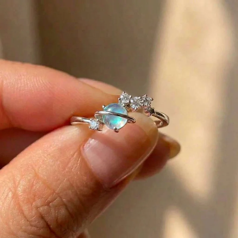 925 Sterling Silver Novel Imitation Moonstone Rings for Women Exquisite Planet Design Daily Wear Rings Trendy Party Jewelry Gift
