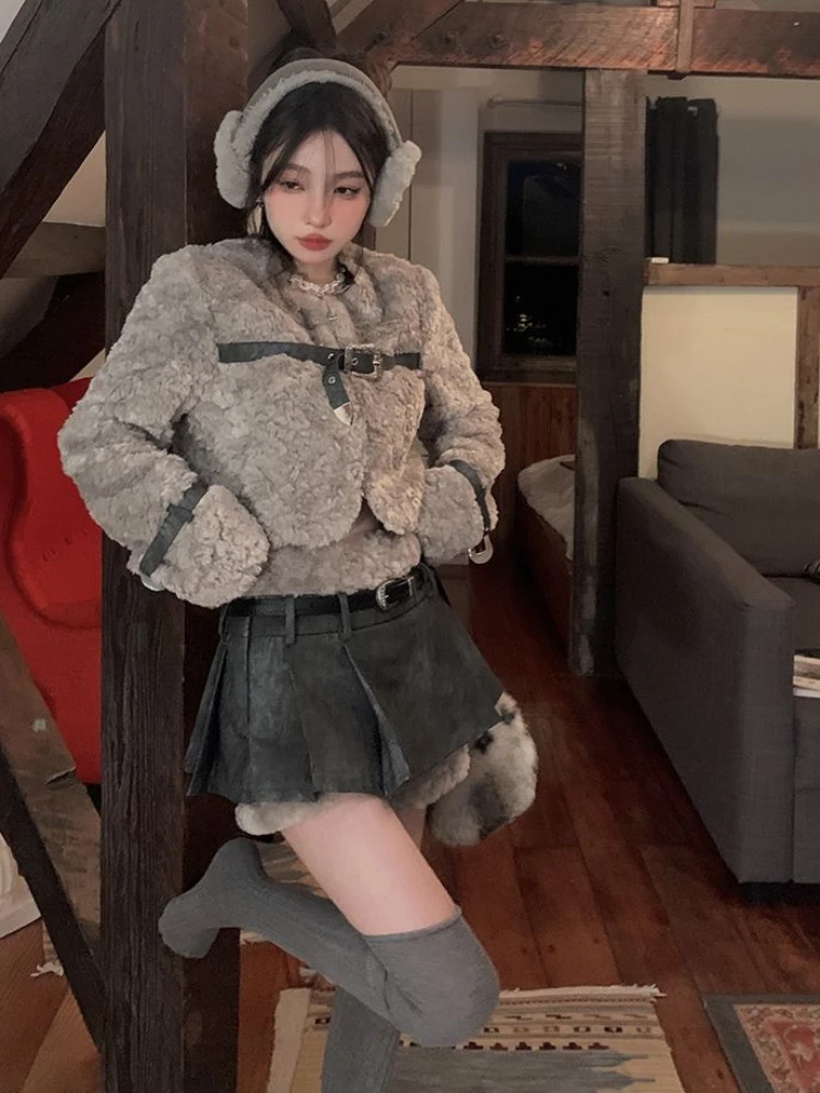 2024 Spring Outwear Fur Korean Fashion 2 Piece Set Casual Warm Coat + Sexy Slim Bodycon Mini Skirt Party Elgant Set Woman Chic