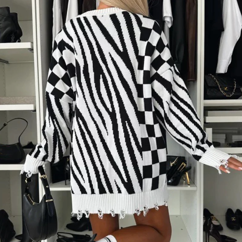 Women Casual Long Sleeve Jumper 2024 Elegant O-neck Ripped Pullover Sweater Fashion Colorblocking Zebra Print Loose Knitted Tops