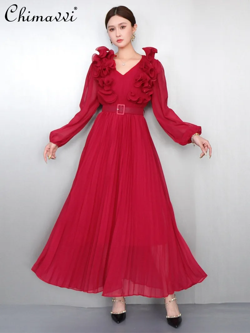 

French Retro 3d Floral Dress 2026 Spring Autumn New Fashion Lantern Sleeves High Waist Slimming Elegant Vacation Long Dress