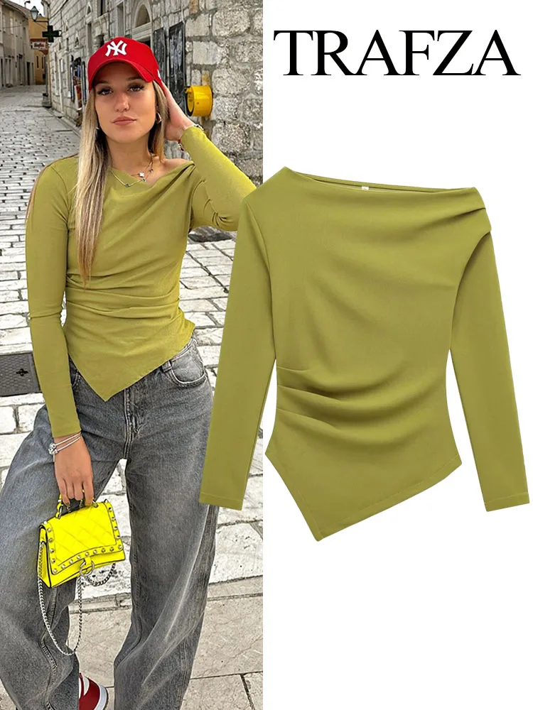 

TRAFZA Women Fashion Solid 5-Color Asymmetrical Slant Collar Tops Female Spring Pleated Decoration Casual Slim Elasticity Top