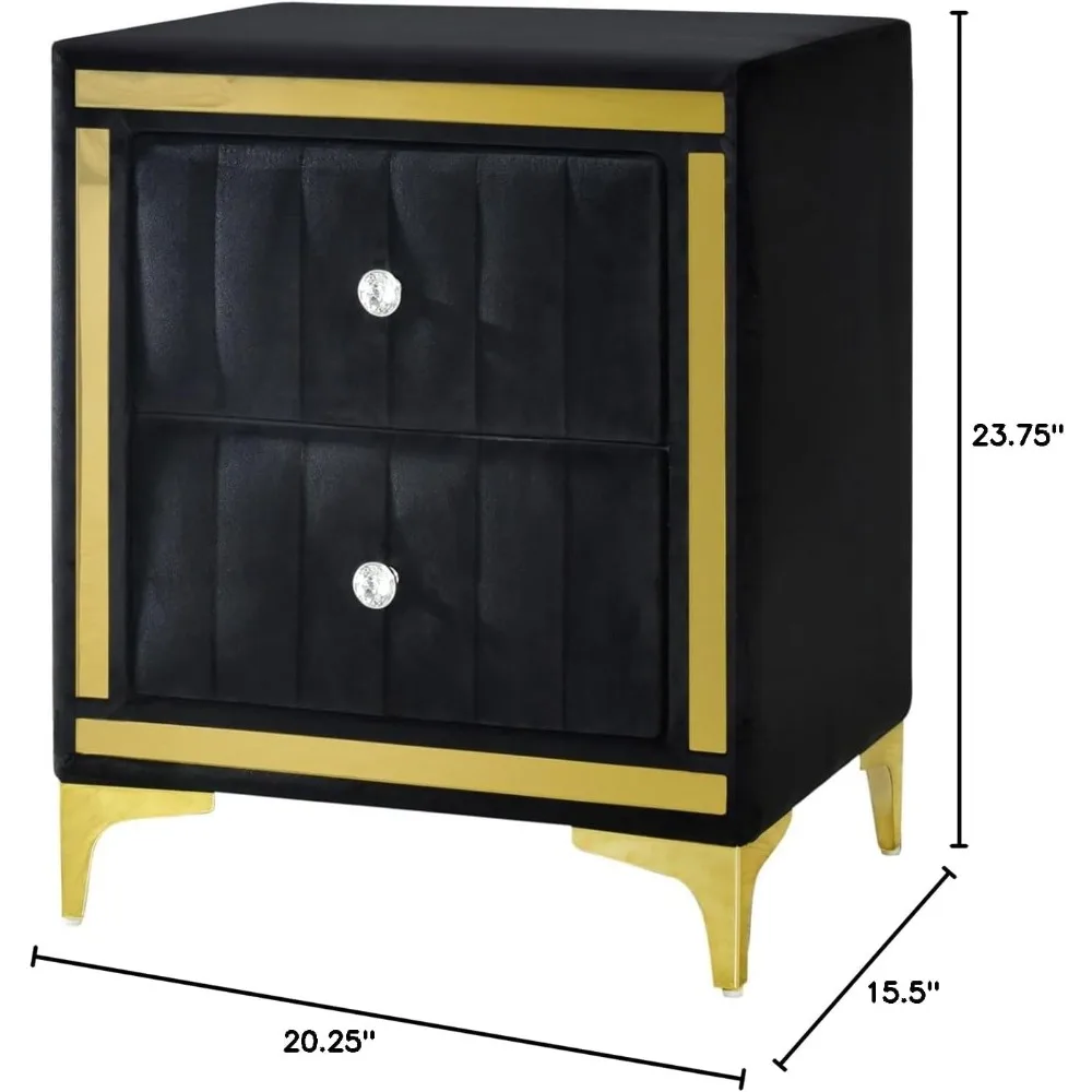 منضدة مونيك فيلفيت سوداء بأرجل ذهبية وزخرفة ومقابض كريستالية - مجمعة بالكامل