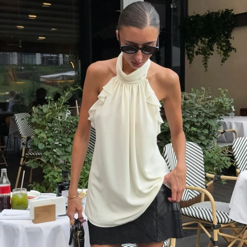 

2026 New Hot Selling Chiffon Neck Hanging Mesh with Ruffle Edge Back Hollow out Vest for Women