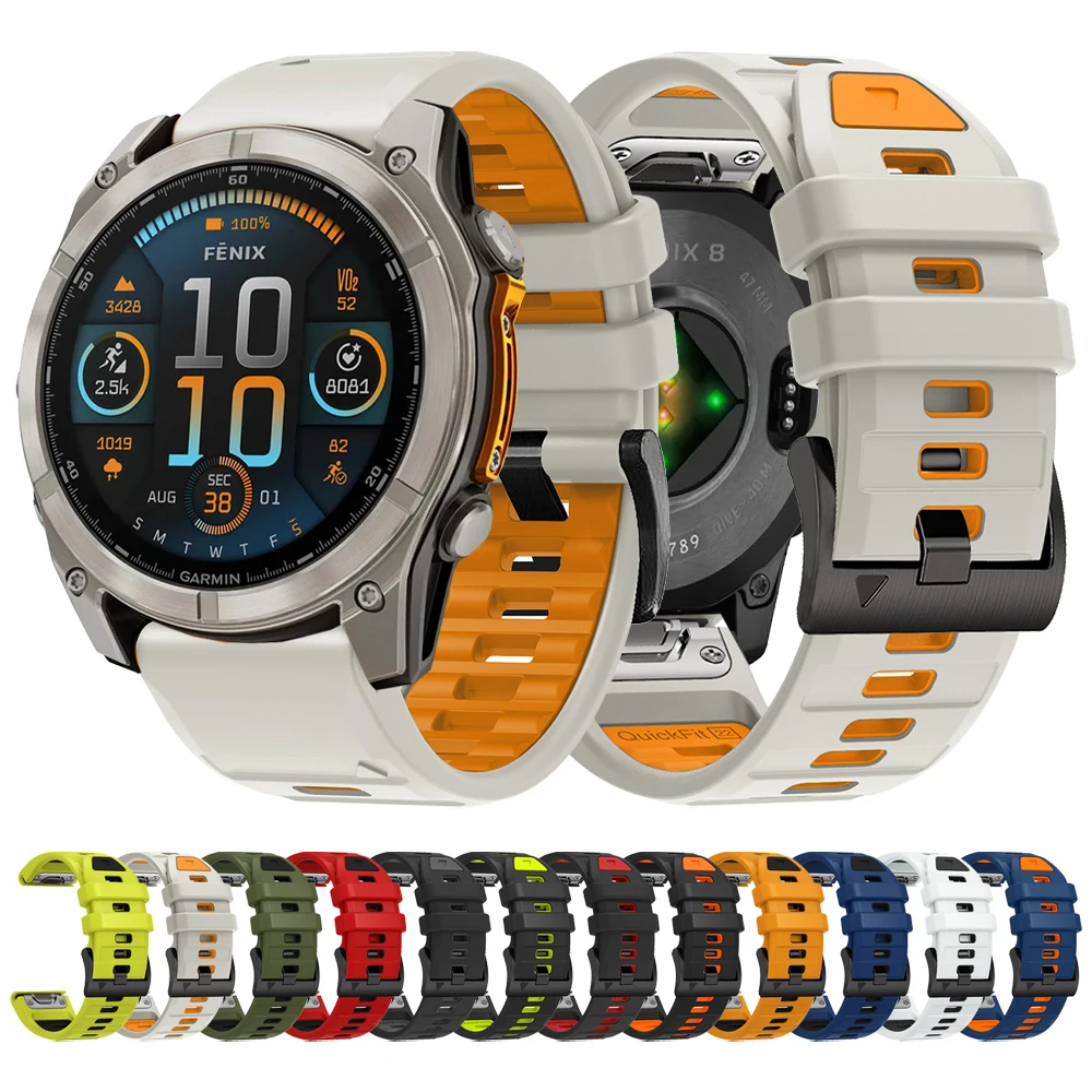 QuickFit 26mm 22mm Fenix8 Band For Garmin Fenix E 8 7 7X 6 6X 5 5X/Epix Pro 47mm 51mm/Enduro 3 Two-Tone Silicone Strap Bracelet