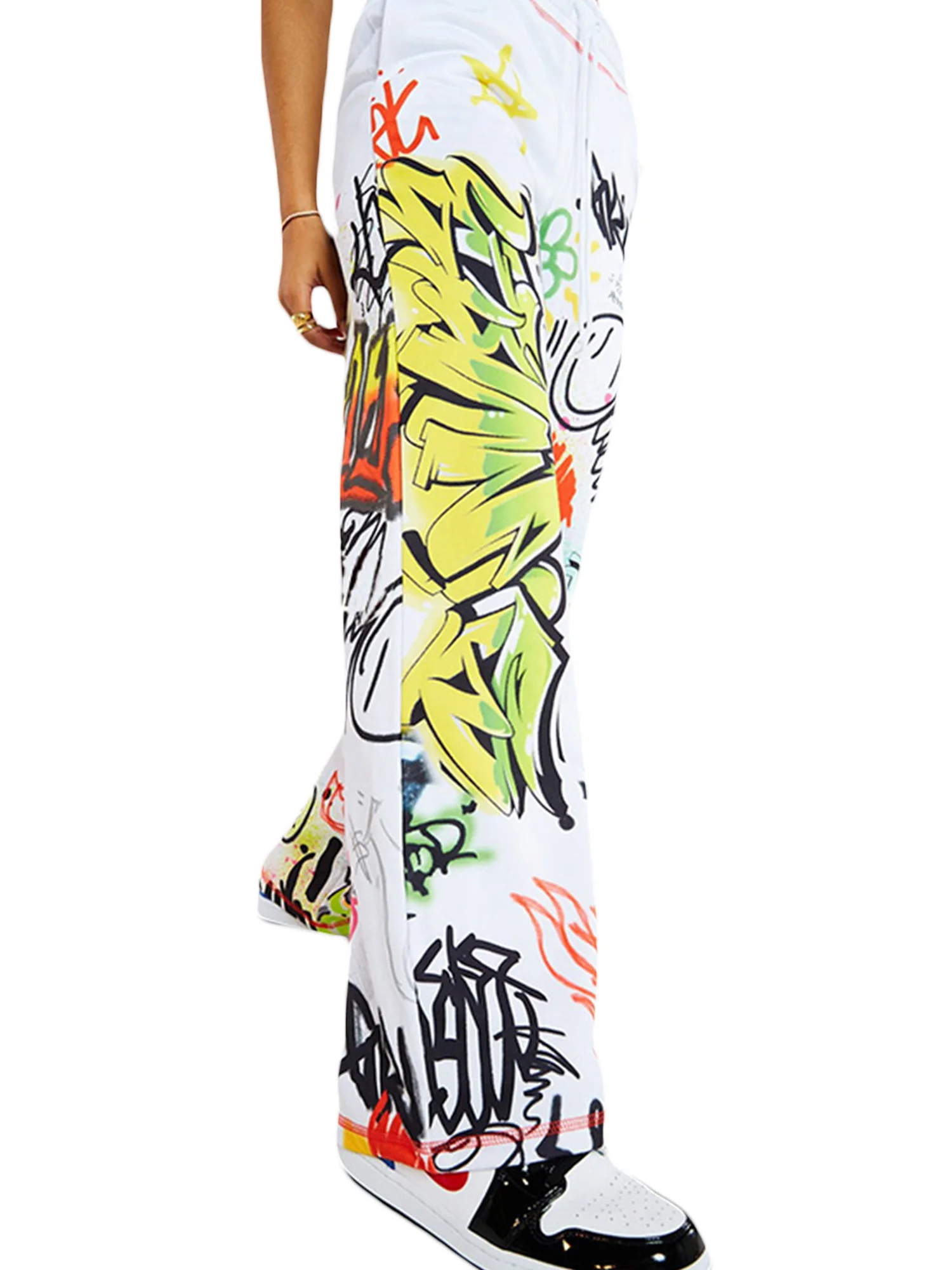 

2024 Women's Fashion High Waist Straight Leg Loose Pant Creative Graffiti Print Wide Leg Trousers Casual Drawstring Cargo Pants