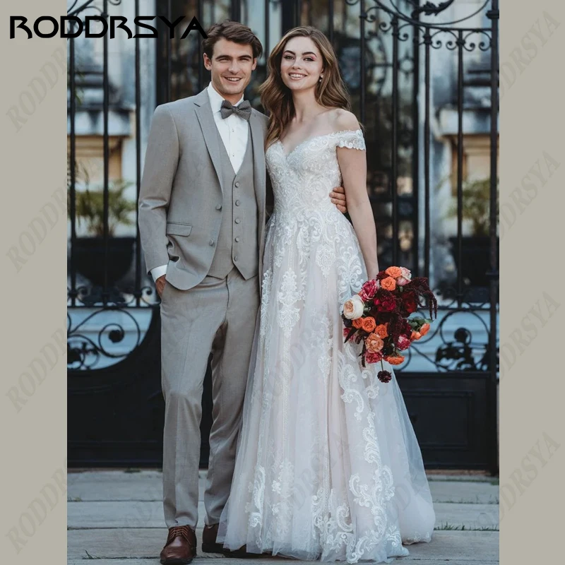 RODDRSYA-vestido De novia con hombros descubiertos para mujer, vestido De novia De línea a, bohemio, Civil, con cuello en V, De encaje, sin mangas, ilusión trasera-vestido De novia con hombros descubiertos para mujer,