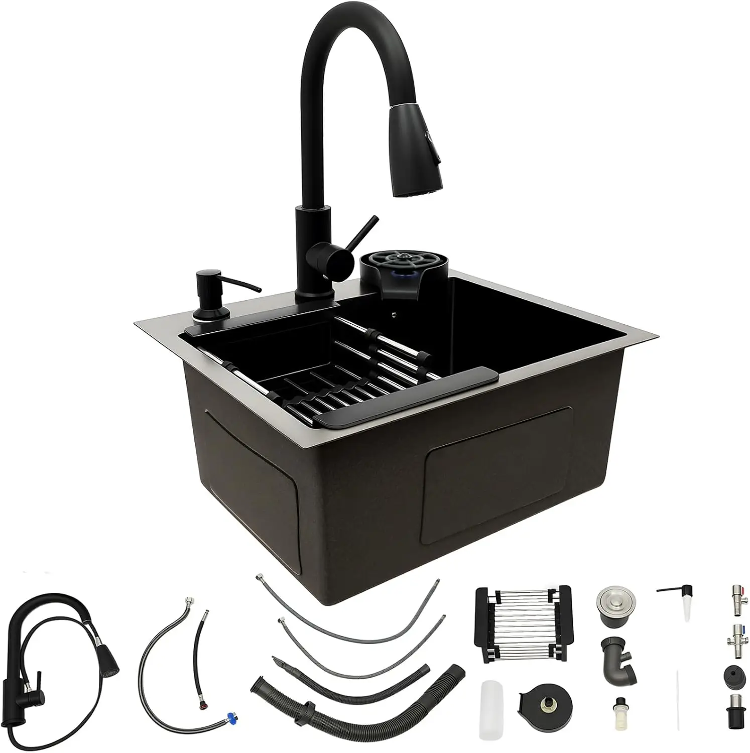 Fregadero de cocina negro con grifo extensible y enjuagador de tazas, 1 cuenco, fregadero empotrado, incluye tubo de desagüe, dispensador de jabón, cesta coladora