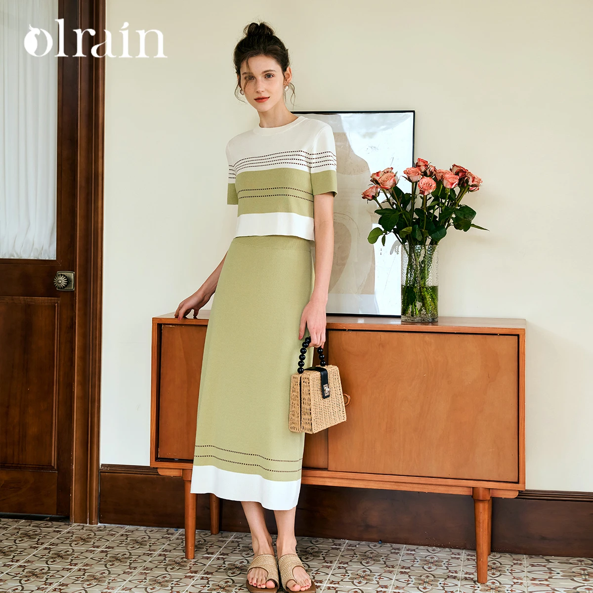 

OLrain Women Summer Knit Skirt Set 2025 Short Sleeve Crop Top and Straight Skirt Ladies Knitwear Woman's Clothing Set O24XE86365