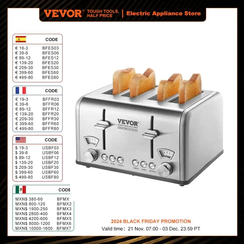 

VEVOR Retro Stainless Steel Toaster 4 Slice 1625W 1.5Inch Extra Wide Slots Toaster with Removable Crumb Tray 6 Browning Level