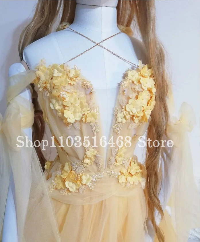 Historical Medieval Prom Dress Yellow Sexy Hanging Neck Sheath Appliqué Tie A-line Long Bailey Fairy Antique فساتين سهرة