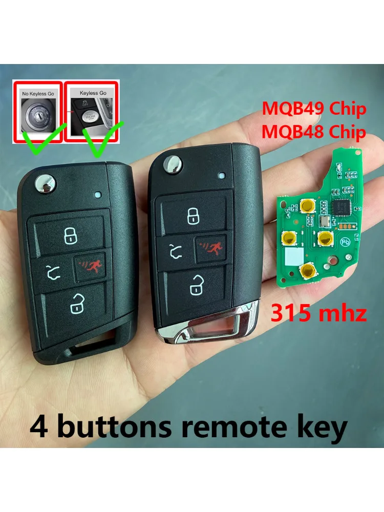 Obudowa kluczyka samochodowego 4-przyciskowa MQB48/MQB49 315MHZ do Volkswagen/VW Golf GTI Prox Jetta Tiguan 2015+ 5G0959752BD 5G0959752BE — 2